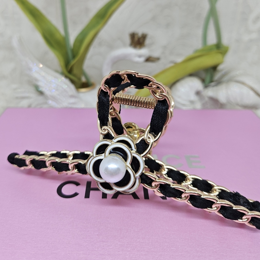 Camellia Flower with Pearl and Gold Black Chain Design Large Hair Clip New